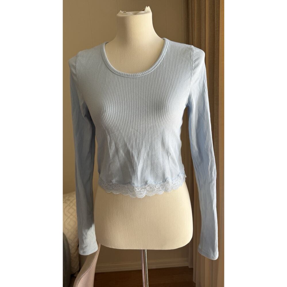Intimately Free People Blue Crop Long Sleeve Top With Lace Trim Sz XL